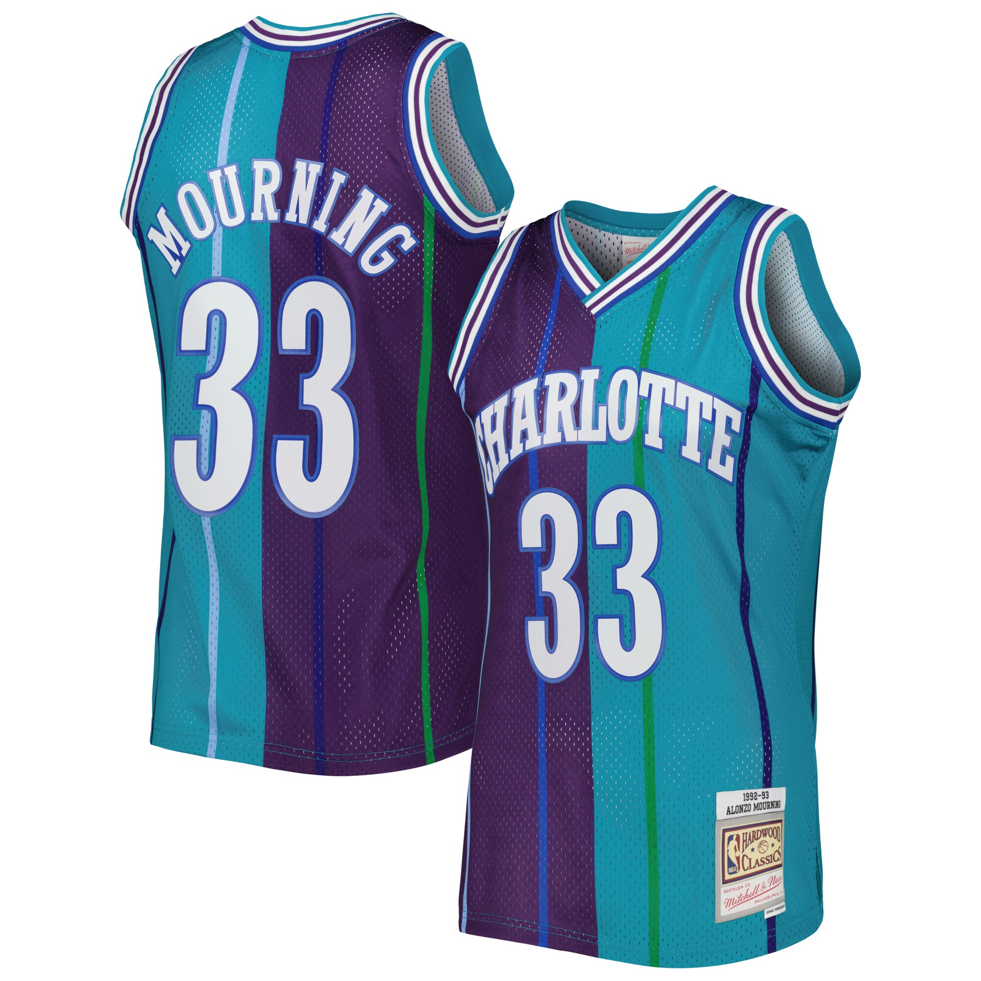 Alonzo Mourning Charlotte Hornets Mitchell & Ness Hardwood Classics 1992/93 Split Swingman Jersey - Teal/purple