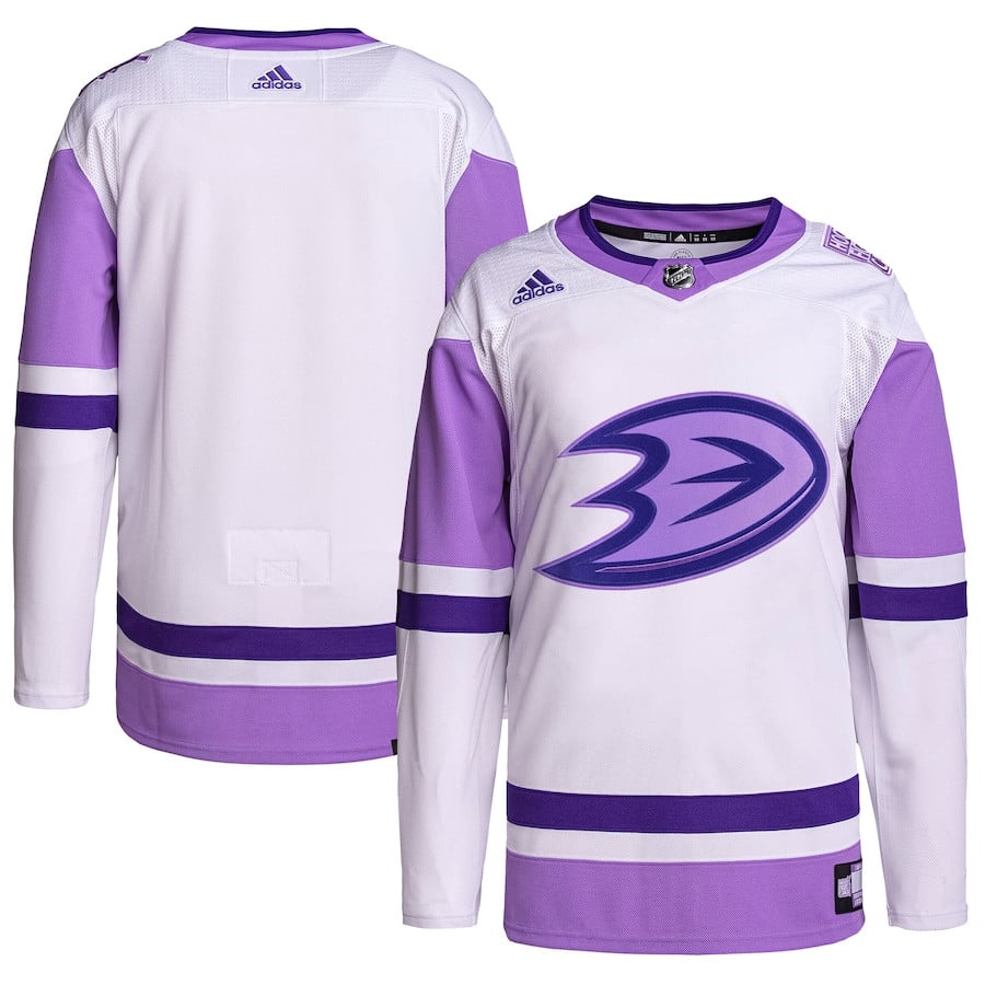 Anaheim Ducks Hockey Fights Cancer Primegreen Men Jersey - White/Purple - JS432 