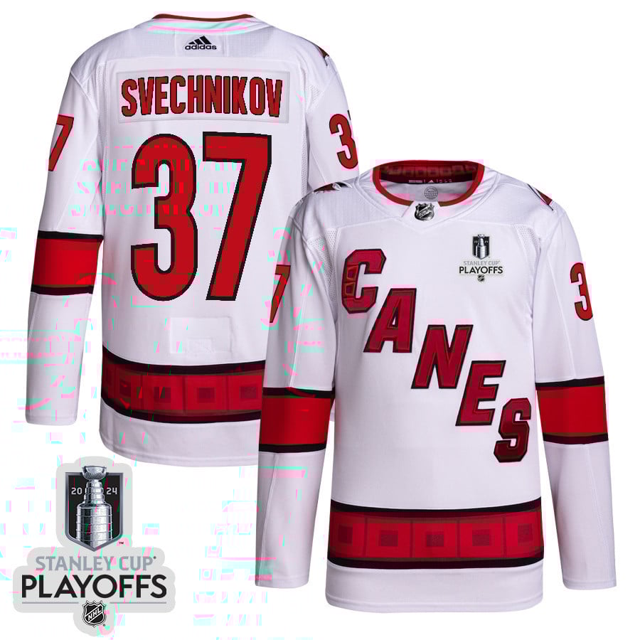 Andrei Svechnikov 37 Carolina Hurricanes 2024 NHL Playoffs Patch Away Jersey - Men, White - JS671 