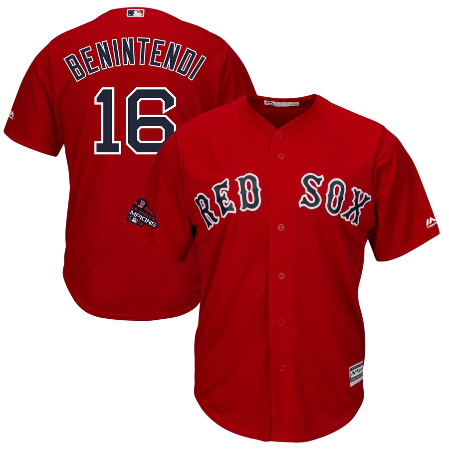 Andrew Benintendi Boston Red Sox Majestic 2018 World Series Champions Team Logo Player Jersey – Scarlet