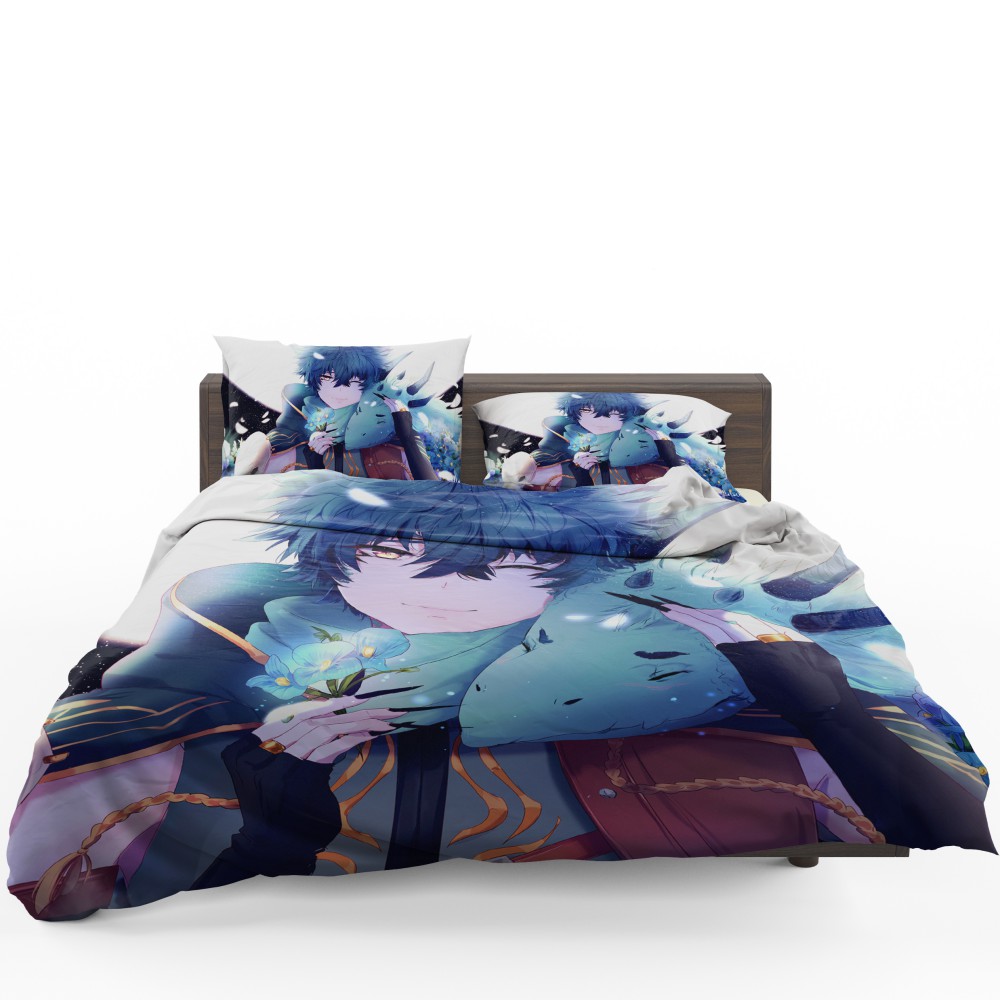 Anime Boy Dragon Blue Flowers Bedding Set - Custom Bedding Set