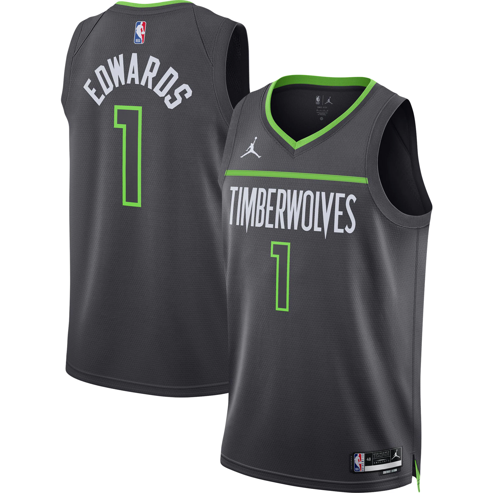 Alternative view of Anthony Edwards Minnesota Timberwolves Jordan Brand Unisex Swingman Jersey - Statement Edition - Charcoal