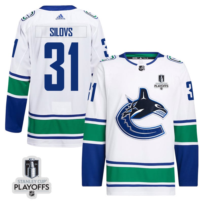 Arturs Silovs 31 Vancouver Canucks 2024 NHL Playoffs Patch Away Jersey - Men, White - JS444 