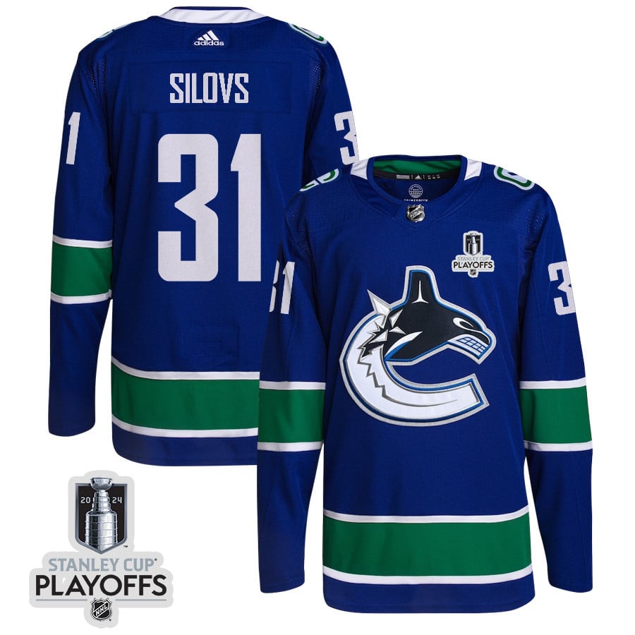 Arturs Silovs 31 Vancouver Canucks 2024 NHL Playoffs Patch Home Jersey - Men, Blue - JS406 