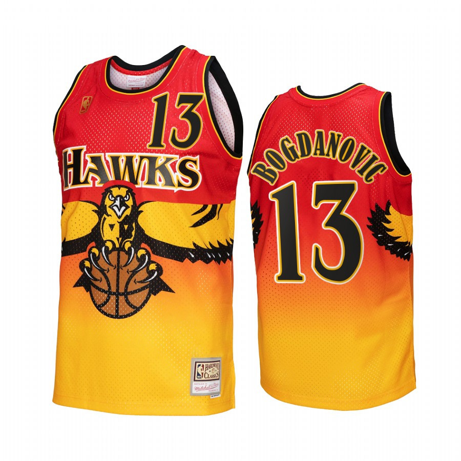 Atlanta Hawks Bogdan Bogdanovic 13 Gold Red Fadeaway Men Jersey Hardwood Classics - JS295 