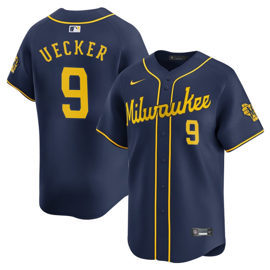 Bob Uecker #9 Milwaukee Brewers Alternate Limited Player Jersey – Navy 