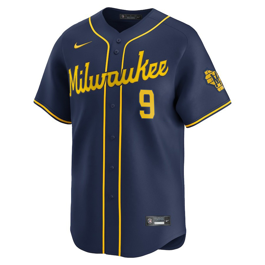 Alternative view of Bob Uecker #9 Milwaukee Brewers Alternate Limited Player Jersey – Navy 