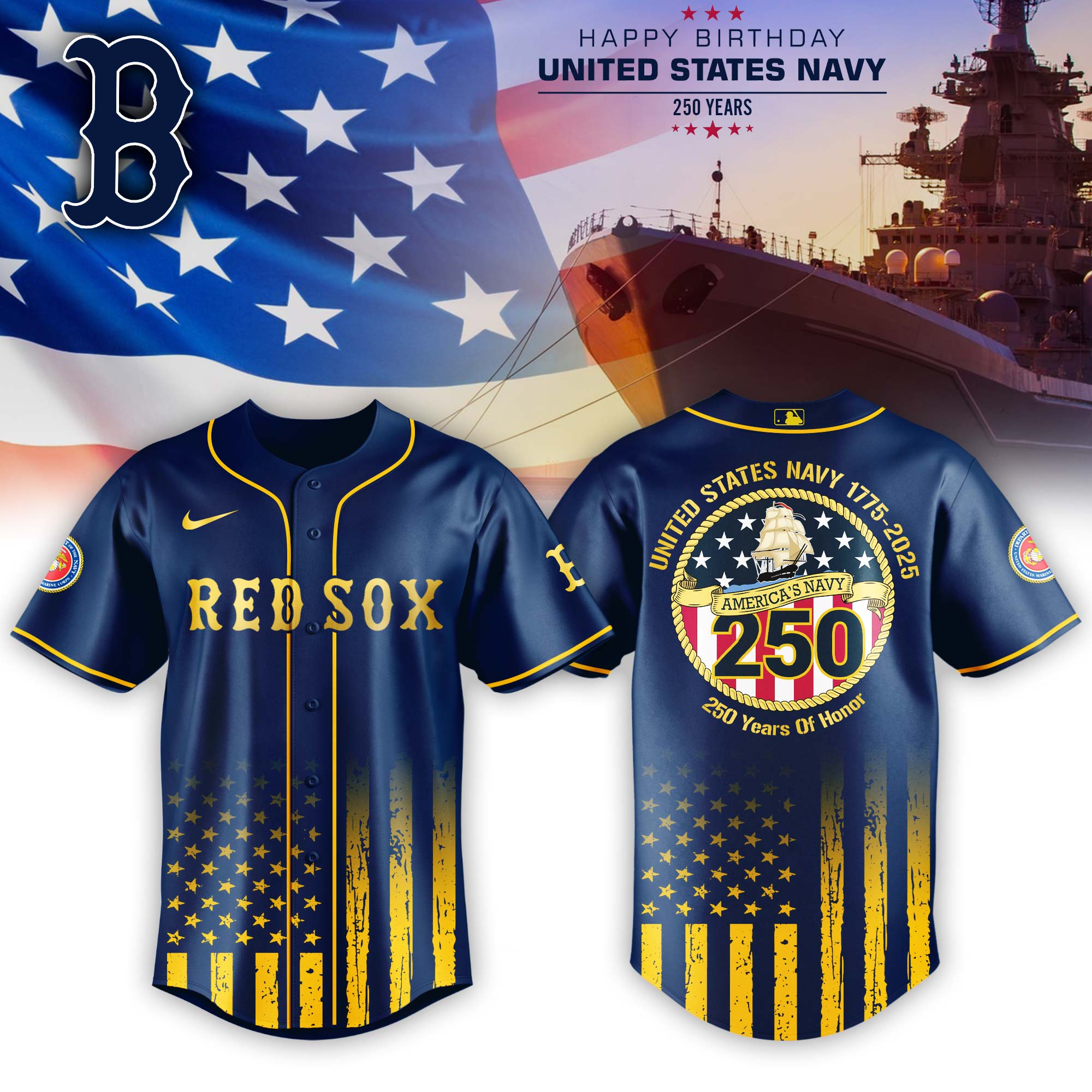 Boston Red Sox Mlb X Usa Happy Birthday Usa Navy Baseball Jersey