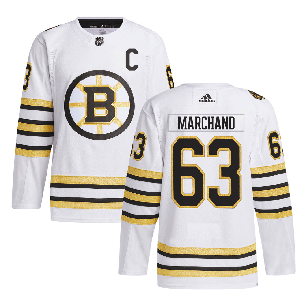 Brad Marchand 63 Boston Bruins 100th Anniversary Primegreen Away Men Jersey - White - JS569 