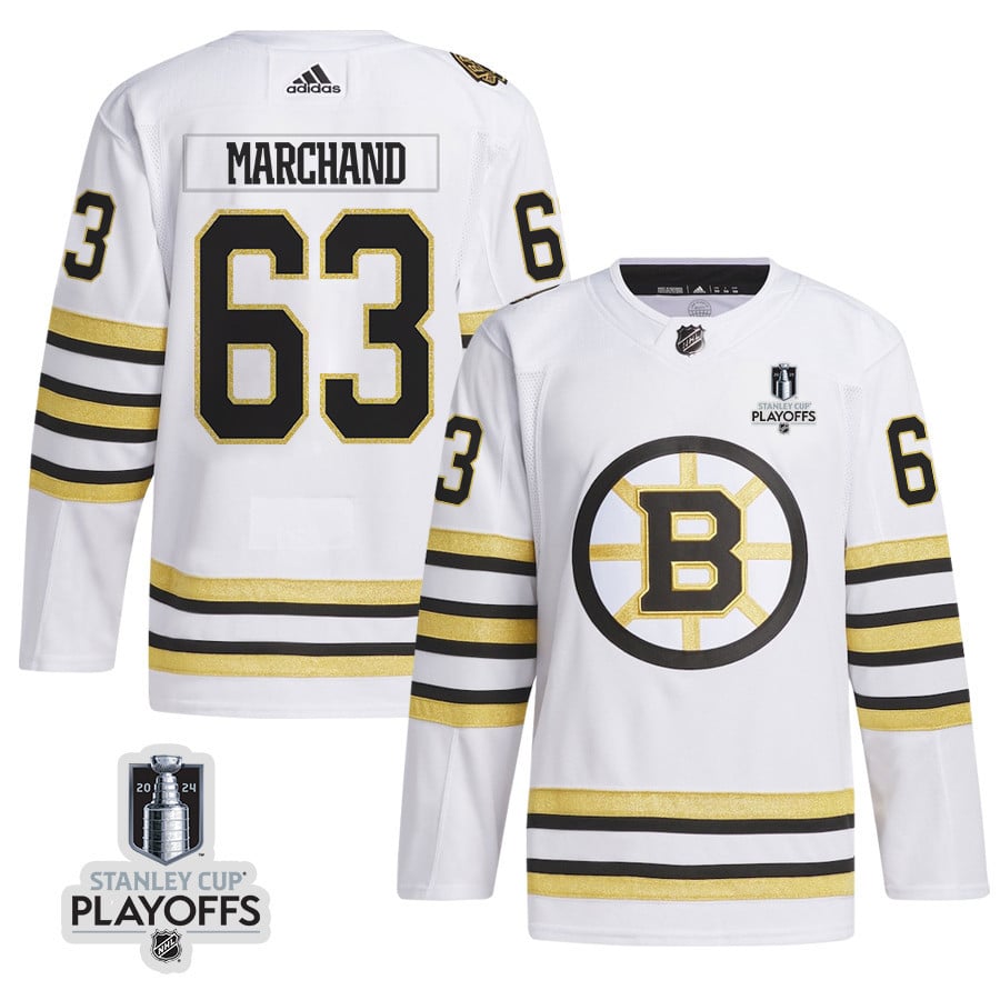 Brad Marchand 63 Boston Bruins 2024 NHL Playoffs Patch Away Jersey - Men, White - JS901 