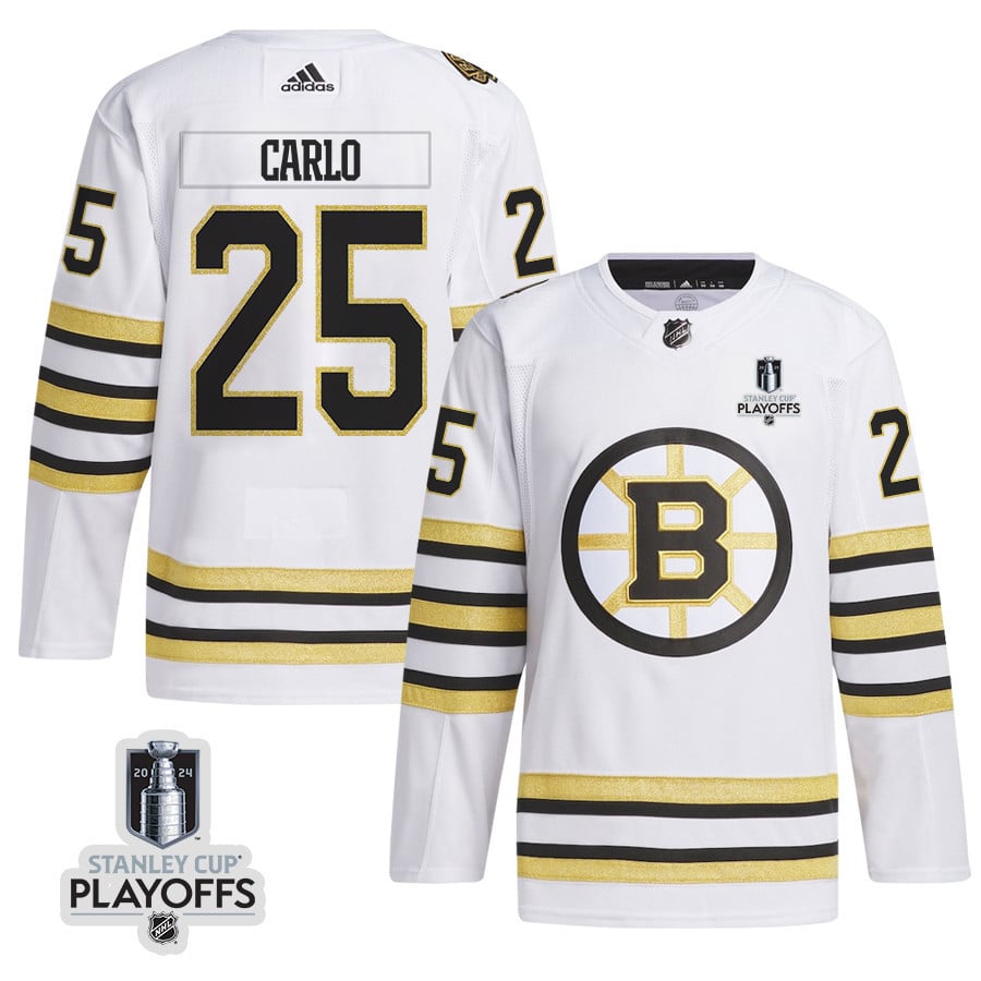 Brandon Carlo 25 Boston Bruins 2024 NHL Playoffs Patch Away Jersey - Men, White - JS116 