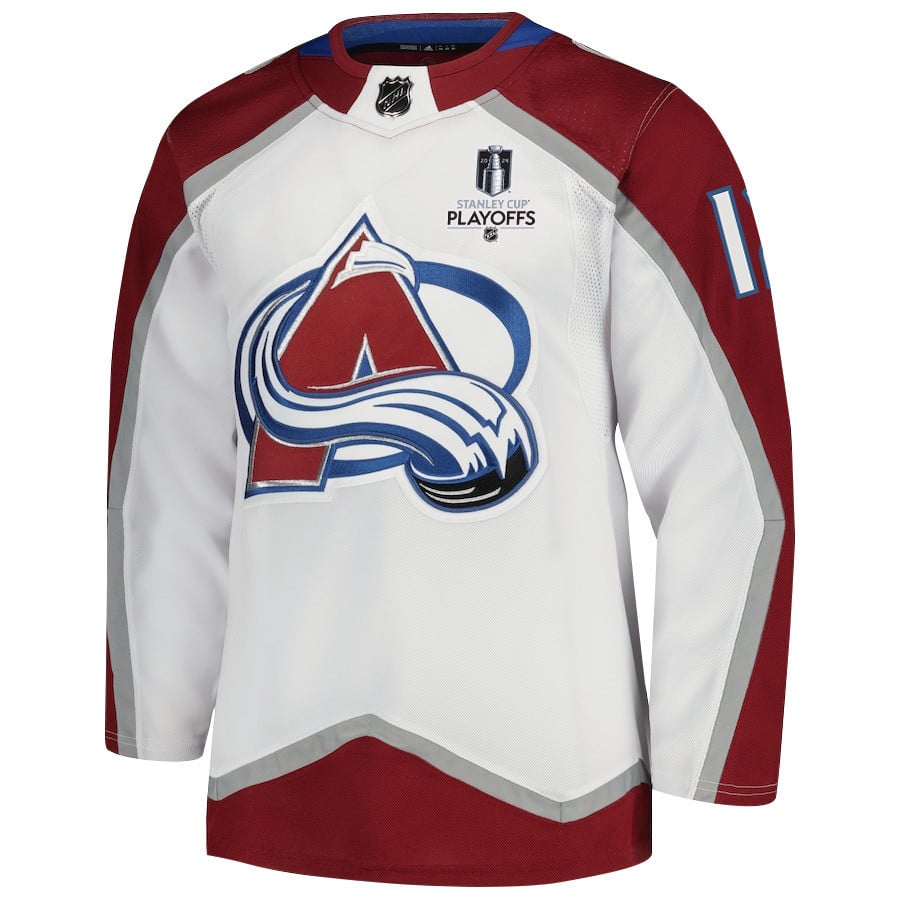 Alternative view of Brandon Duhaime 12 Colorado Avalanche 2024 NHL Playoffs Patch Away Jersey - Men, White - JS140 