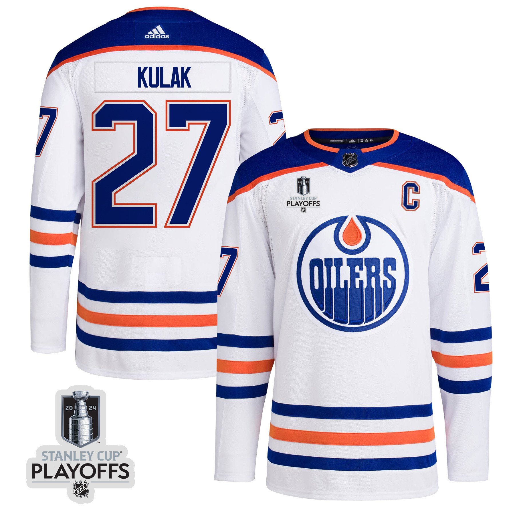 Brett Kulak 27 Edmonton Oilers 2024 NHL Playoffs Patch Away Jersey - Men, White - JS166 