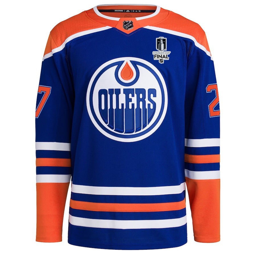 Alternative view of Brett Kulak 27 Edmonton Oilers 2024 STANLEY CUP Final Home Primegreen Jersey - Men, Royal - JS915 