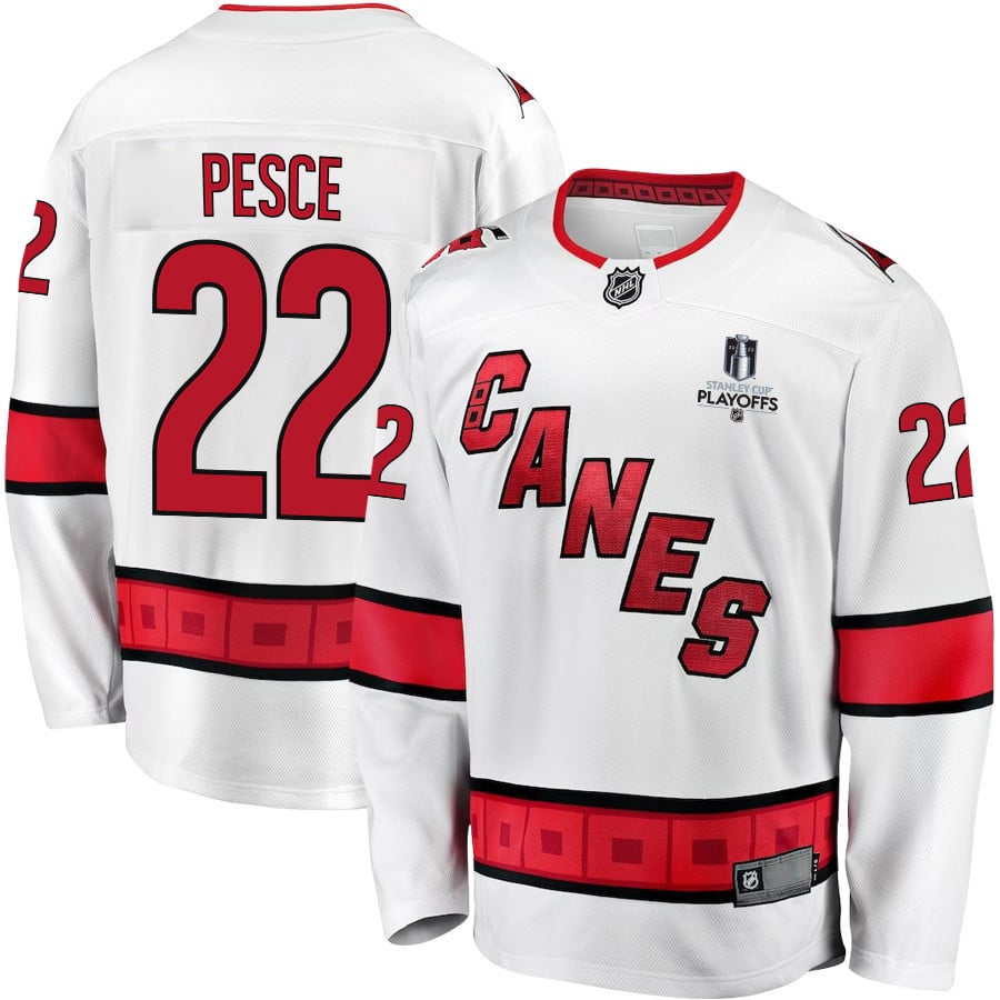 Brett Pesce 22 Carolina Hurricanes Stanley Cup 2023 Playoffs Patch Away Breakaway Men Jersey - White - JS341 