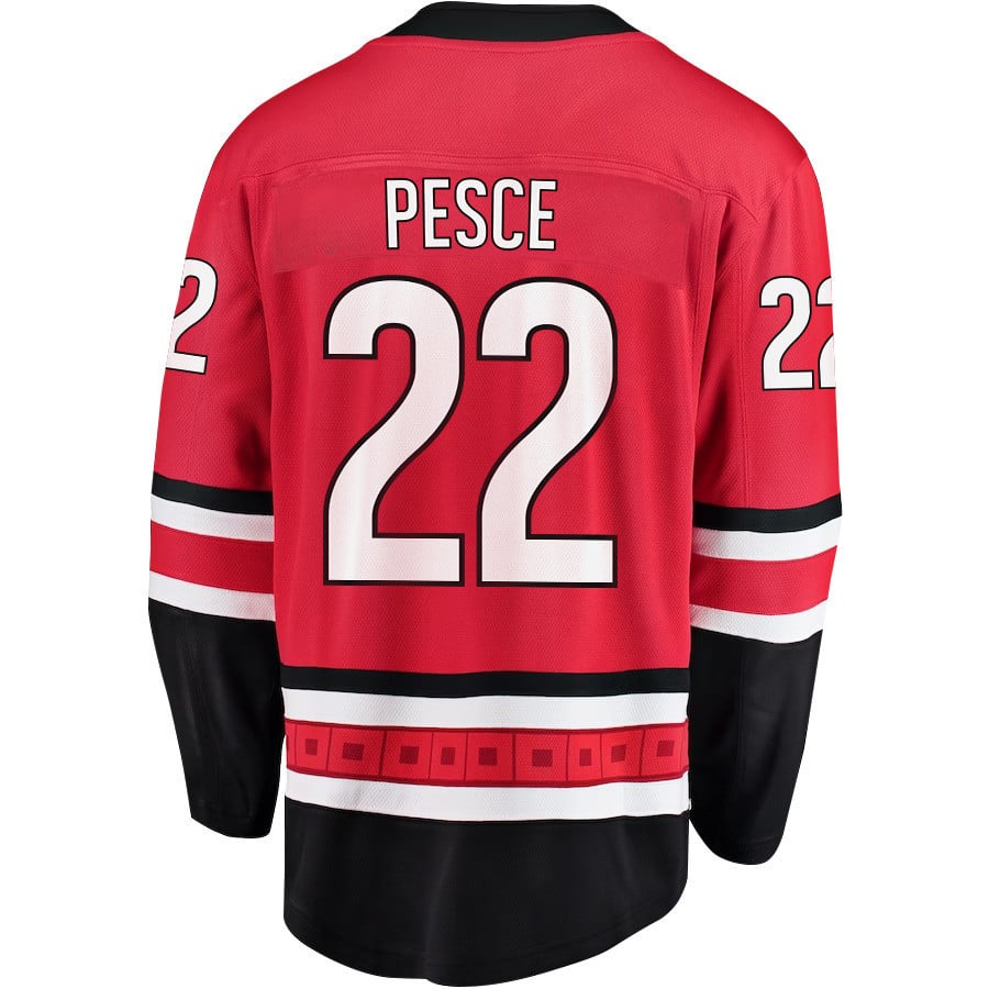 Alternative view of Brett Pesce 22 Carolina Hurricanes Stanley Cup 2023 Playoffs Patch Home Breakaway Men Jersey - Red - JS267 