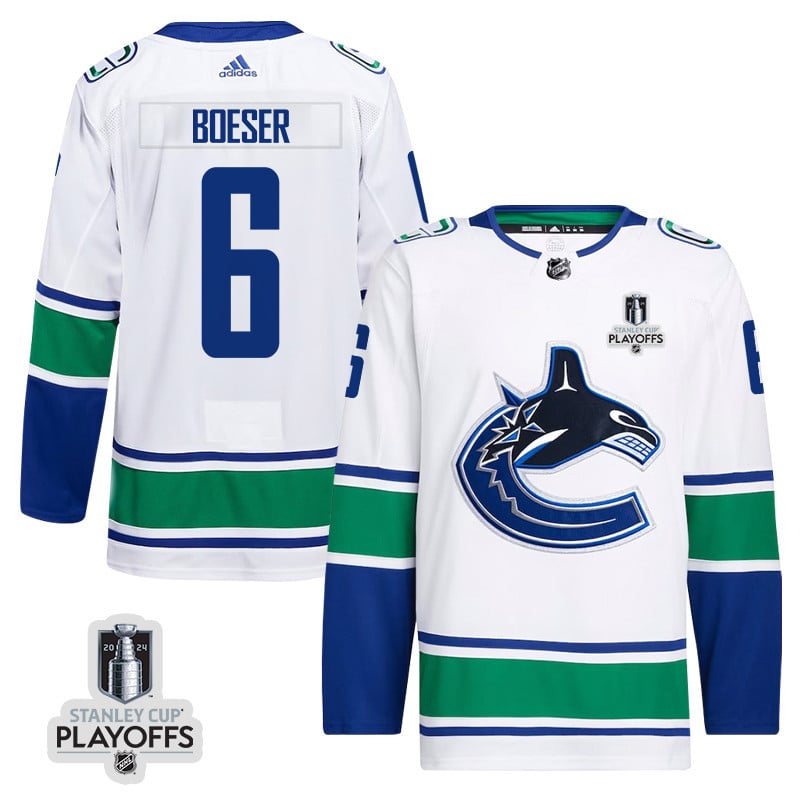 Brock Boeser 6 Vancouver Canucks 2024 NHL Playoffs Patch Away Jersey - Men, White - JS890 