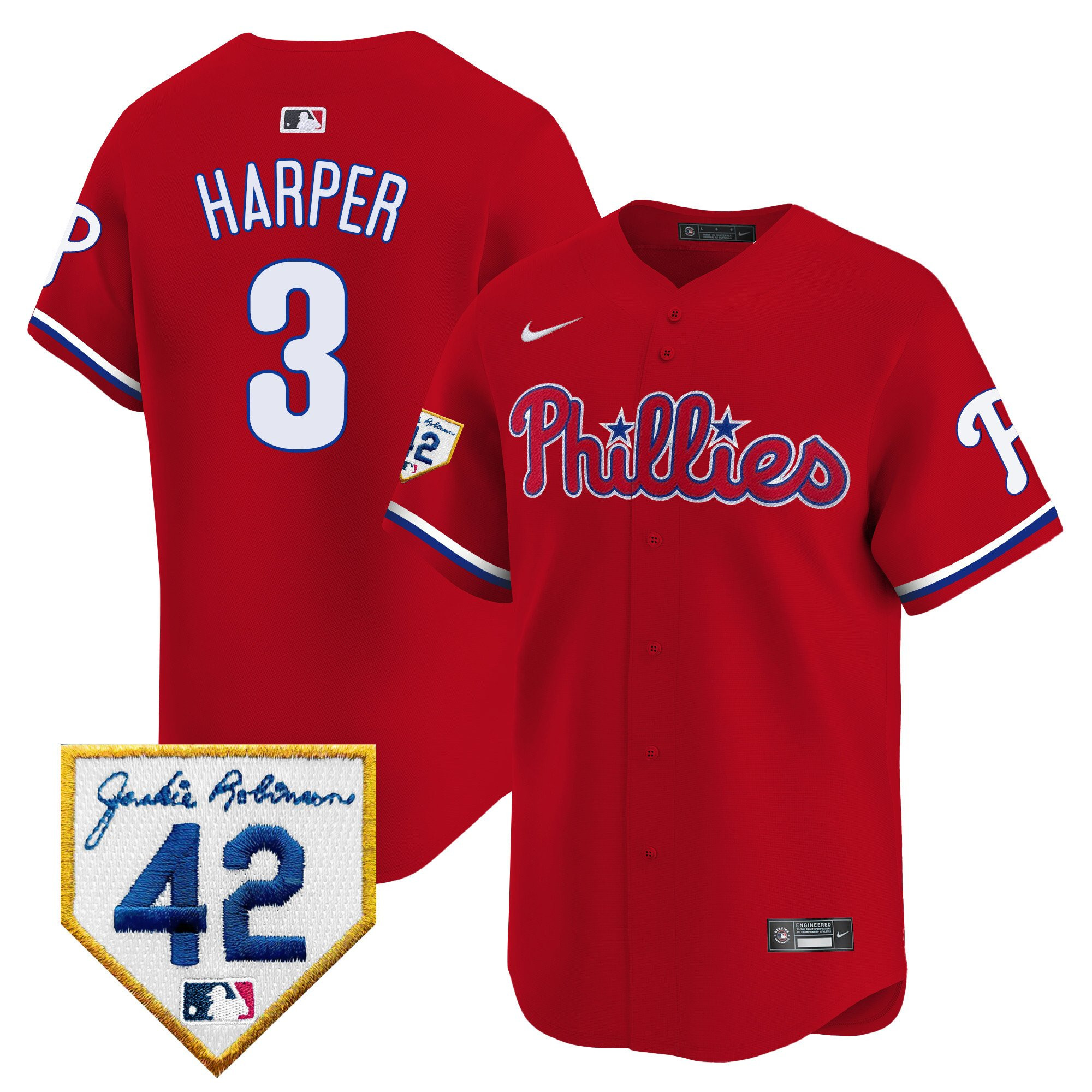 Bryce Harper 3 Philadelphia Phillies 2024 Jackie Robinson Patch Men Jersey - Red 