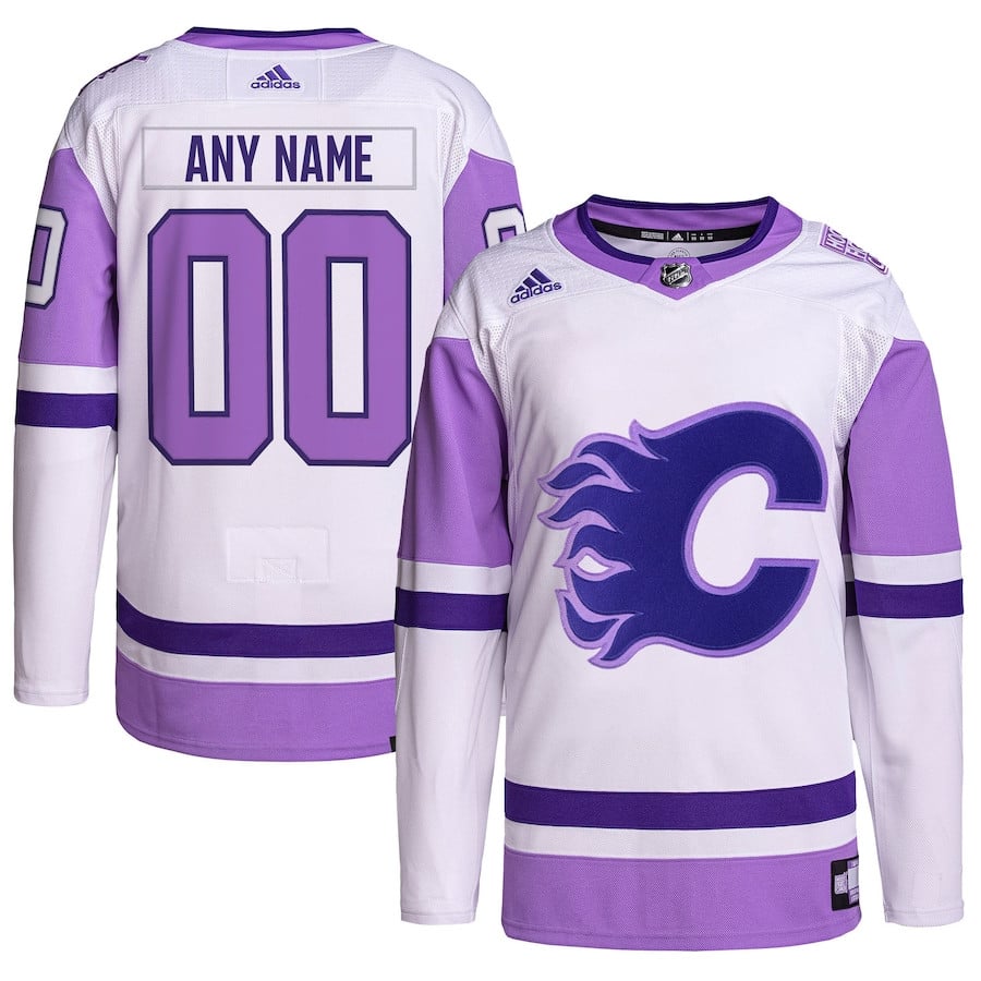 Calgary Flames Hockey Fights Cancer Primegreen Custom Men Jersey - White/Purple - JS155 