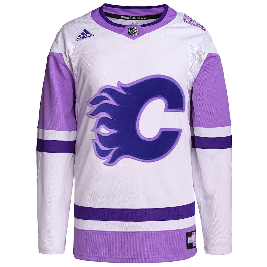 Alternative view of Calgary Flames Hockey Fights Cancer Primegreen Custom Men Jersey - White/Purple - JS155 