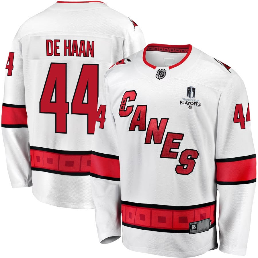 Calvin de Haan 44 Carolina Hurricanes Stanley Cup 2023 Playoffs Patch Away Breakaway Men Jersey - White - JS322 