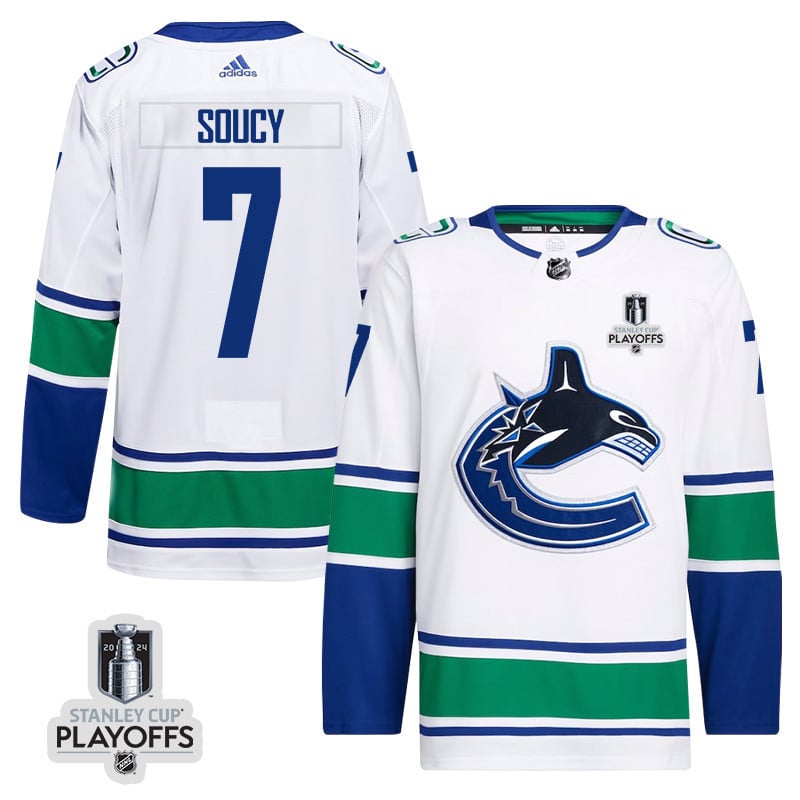 Carson Soucy 7 Vancouver Canucks 2024 NHL Playoffs Patch Away Jersey - Men, White - JS176 