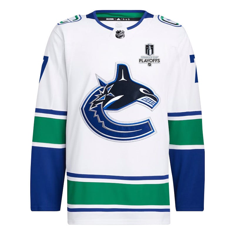 Alternative view of Carson Soucy 7 Vancouver Canucks 2024 NHL Playoffs Patch Away Jersey - Men, White - JS176 
