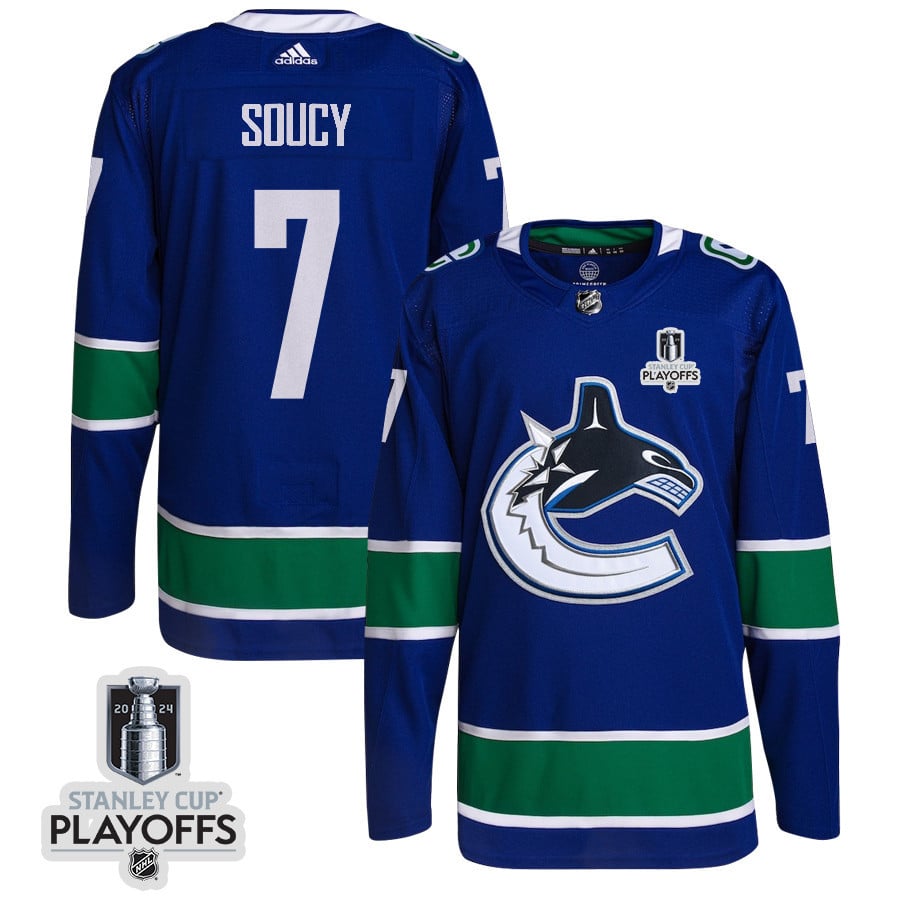 Carson Soucy 7 Vancouver Canucks 2024 NHL Playoffs Patch Home Jersey - Men, Blue - JS847 
