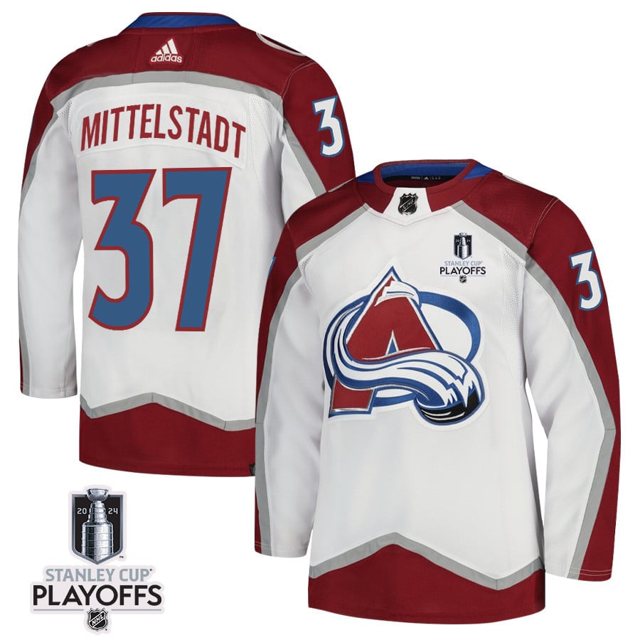 Casey Mittelstadt 37 Colorado Avalanche 2024 NHL Playoffs Patch Away Jersey - Men, White - JS458 
