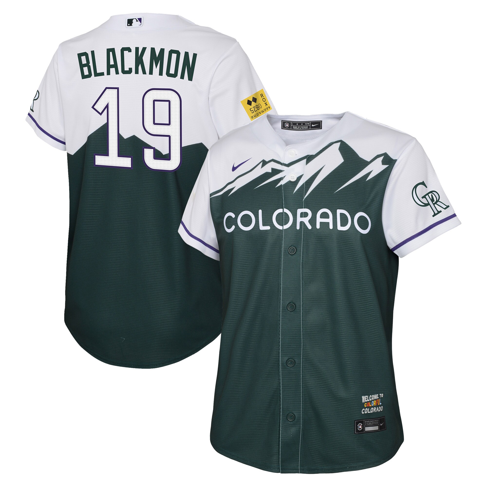 Alternative view of Charlie Blackmon Colorado Rockies Youth 2022 City Connect Replica Player Jersey - Green