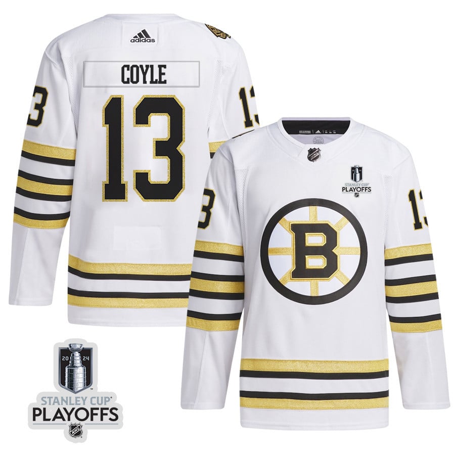 Charlie Coyle 13 Boston Bruins 2024 NHL Playoffs Patch Away Jersey - Men, White - JS509 
