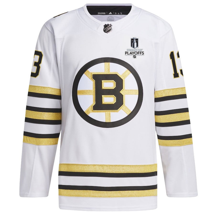 Alternative view of Charlie Coyle 13 Boston Bruins 2024 NHL Playoffs Patch Away Jersey - Men, White - JS509 