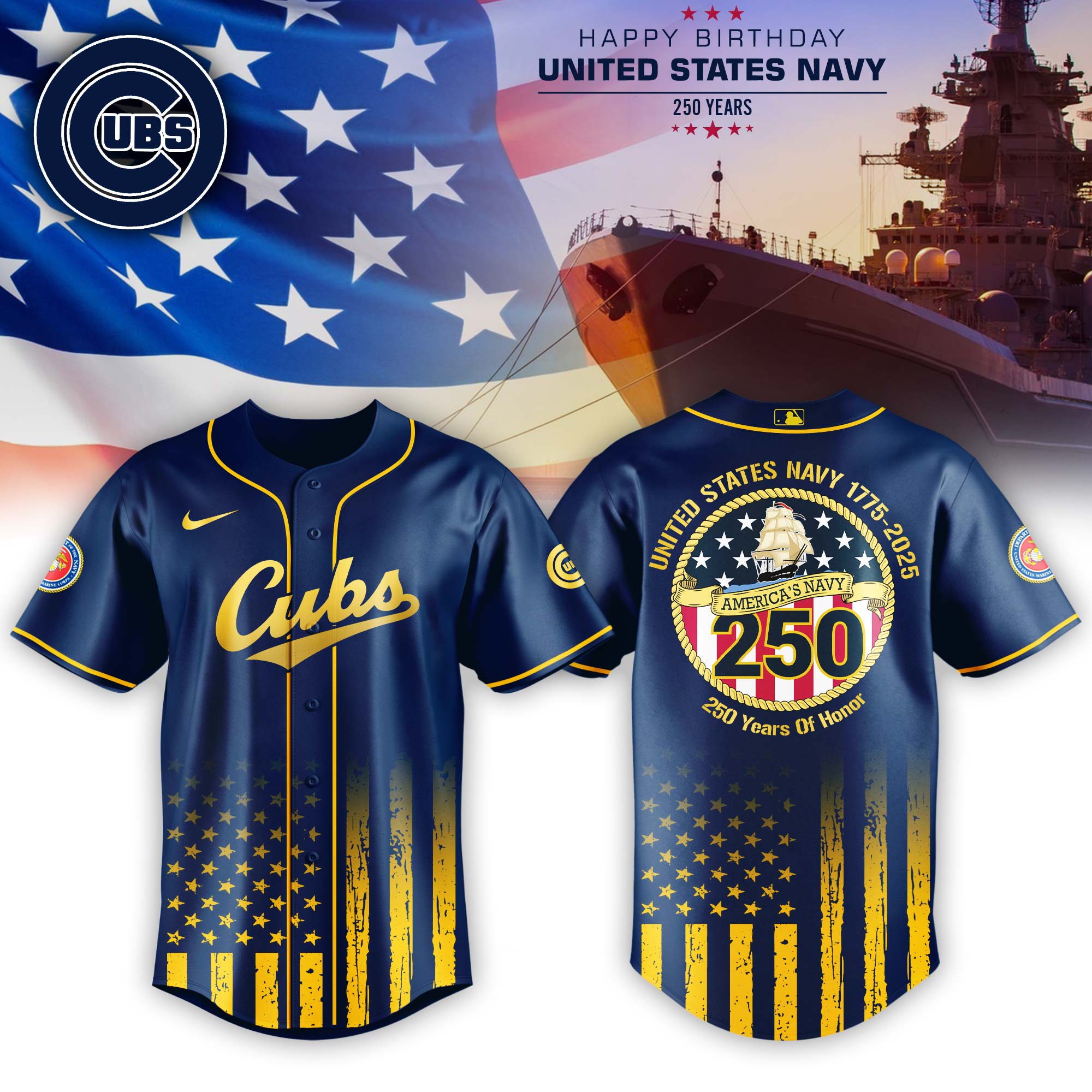 Chicago Cubs Mlb X Usa Happy Birthday Usa Navy Baseball Jersey