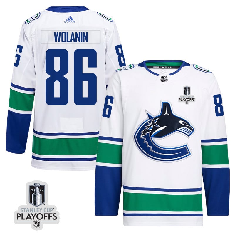 Christian Wolanin 86 Vancouver Canucks 2024 NHL Playoffs Patch Away Jersey - Men, White - JS351 