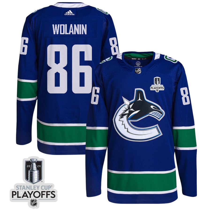 Christian Wolanin 86 Vancouver Canucks 2024 NHL Playoffs Patch Home Jersey - Men, Blue - JS994 