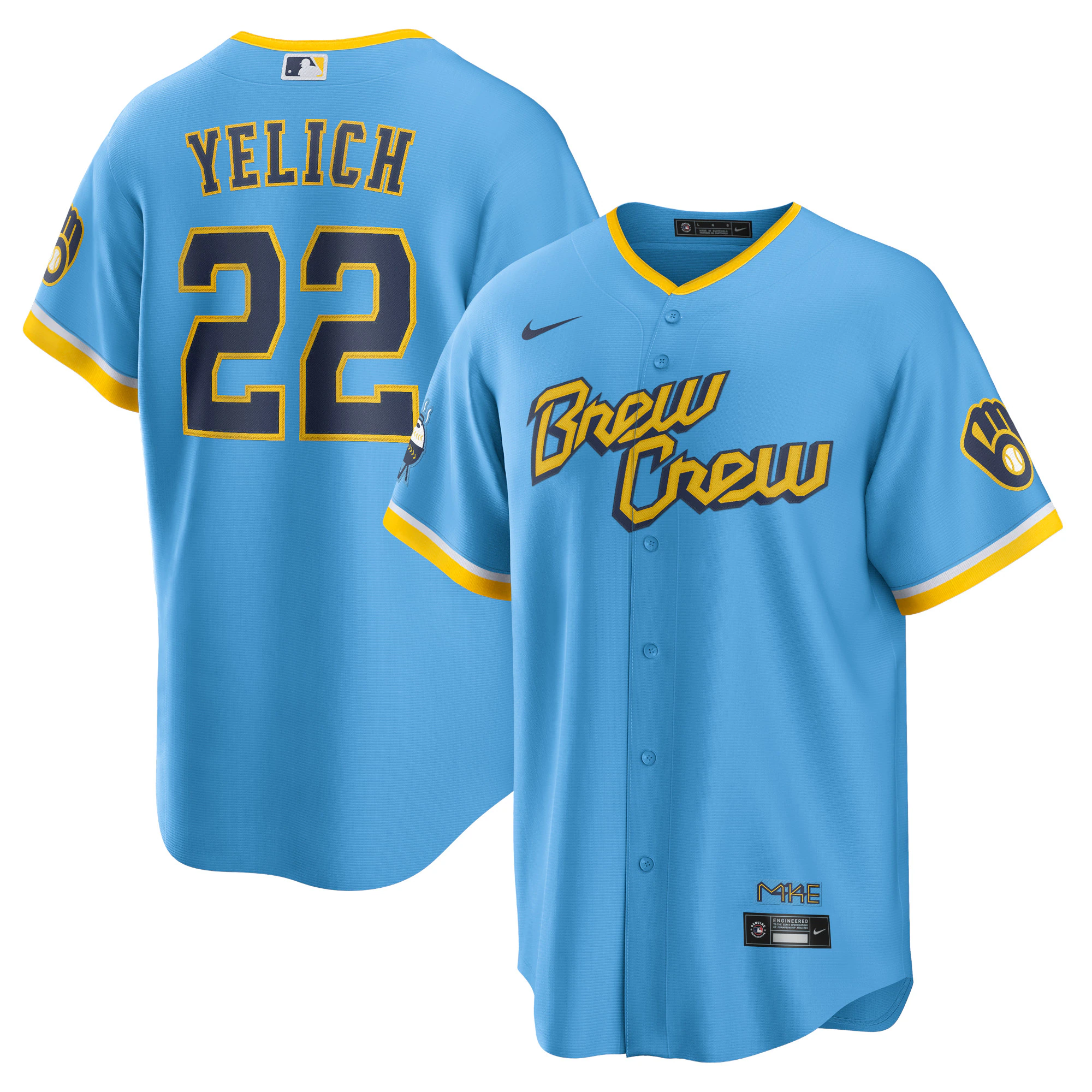 Alternative view of Christian Yelich Milwaukee Brewers 2022 City Connect Replica Player Jersey – Powder Blue