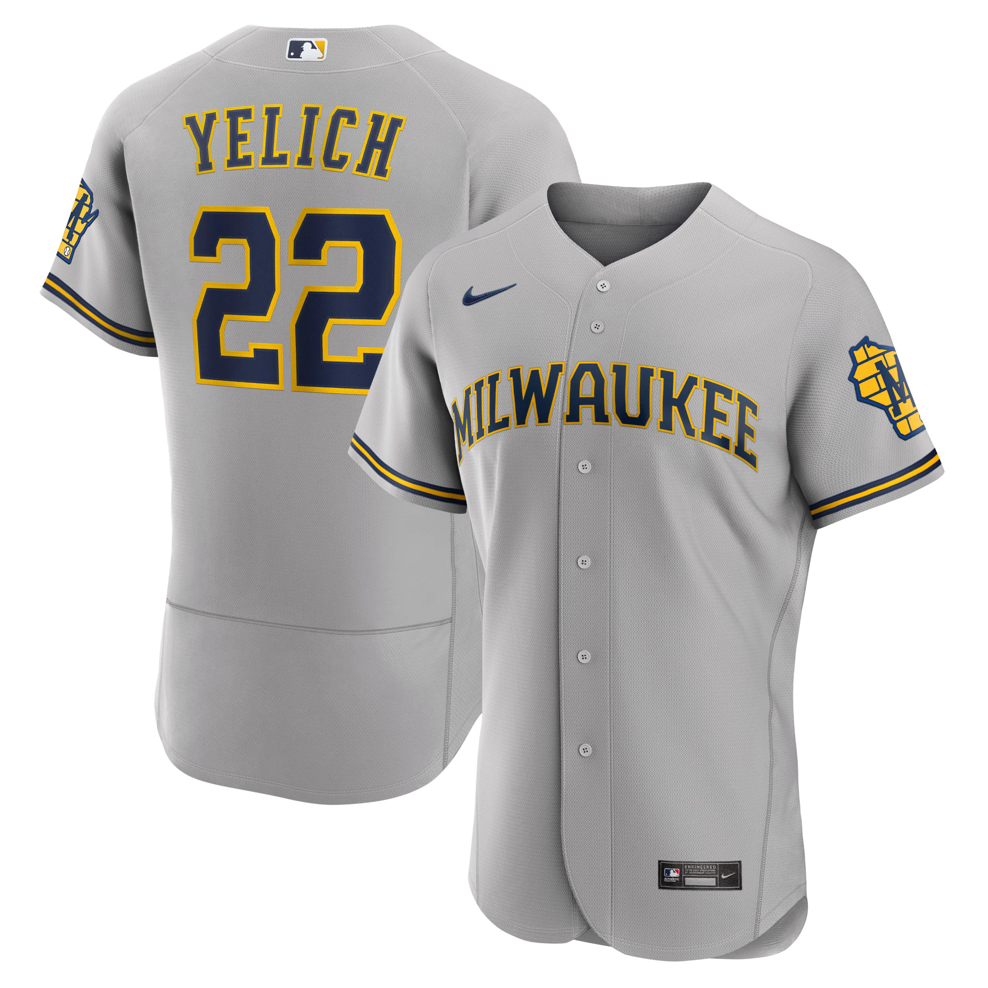 Alternative view of Christian Yelich Milwaukee Brewers Road Authentic Player Logo Jersey – Gray