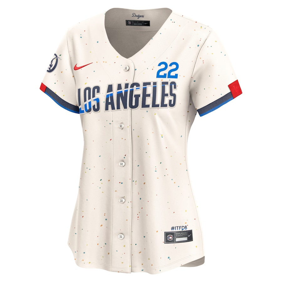 Alternative view of Clayton Kershaw 22 Los Angeles Dodgers 2024 City Connect Limited Women Jersey - Cream 