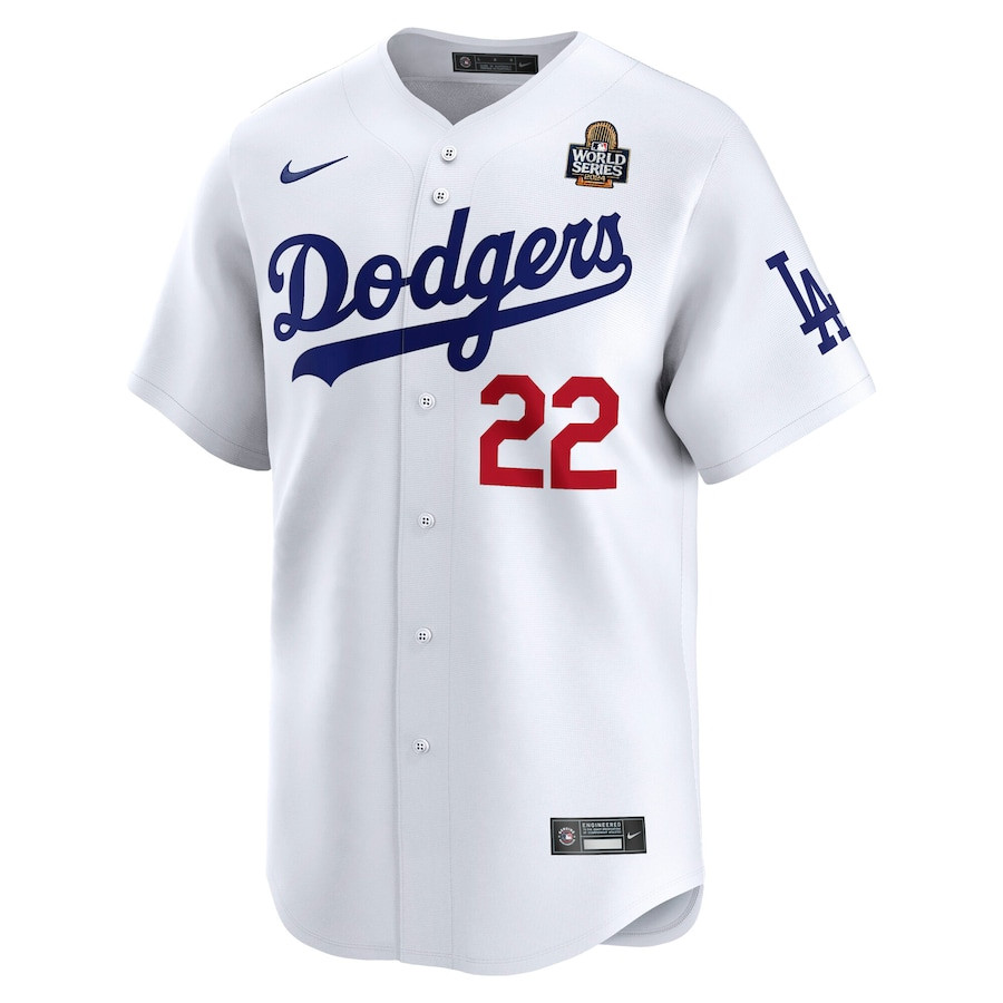 Alternative view of Clayton Kershaw 22 Los Angeles Dodgers 2024 World Series Home Limited Player Men Jersey - White 