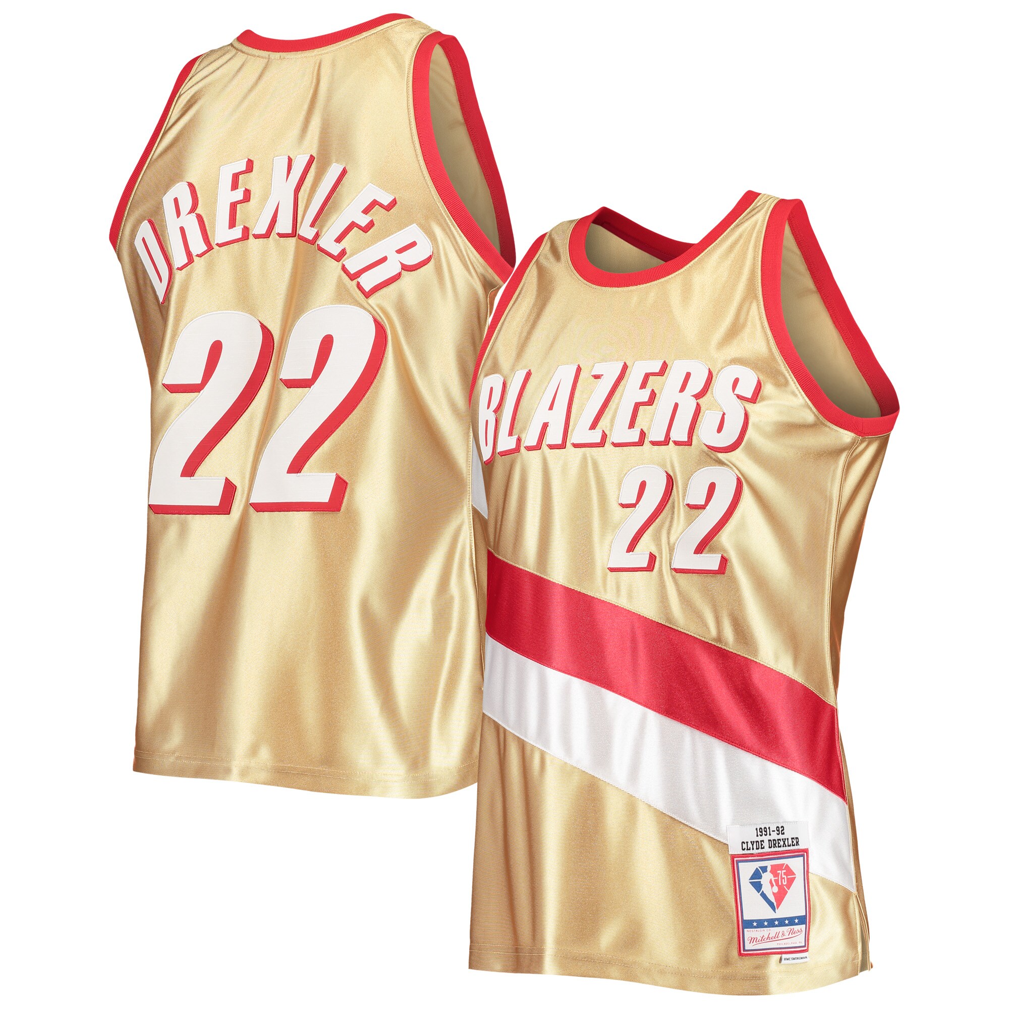 Alternative view of Clyde Drexler Portland Trail Blazers Mitchell & Ness 75th Anniversary 1991/92 Hardwood Classics Swingman Jersey - Gold