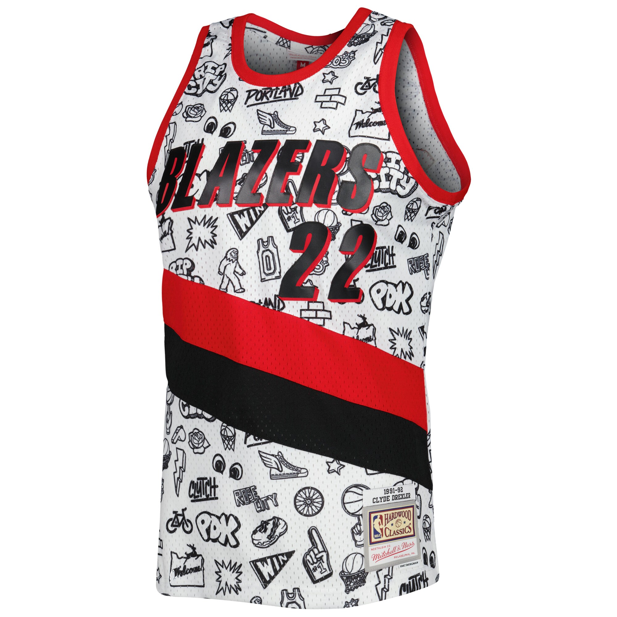 Alternative view of Clyde Drexler Portland Trail Blazers Mitchell & Ness 1991-92 Hardwood Classics Doodle Swingman Jersey - White