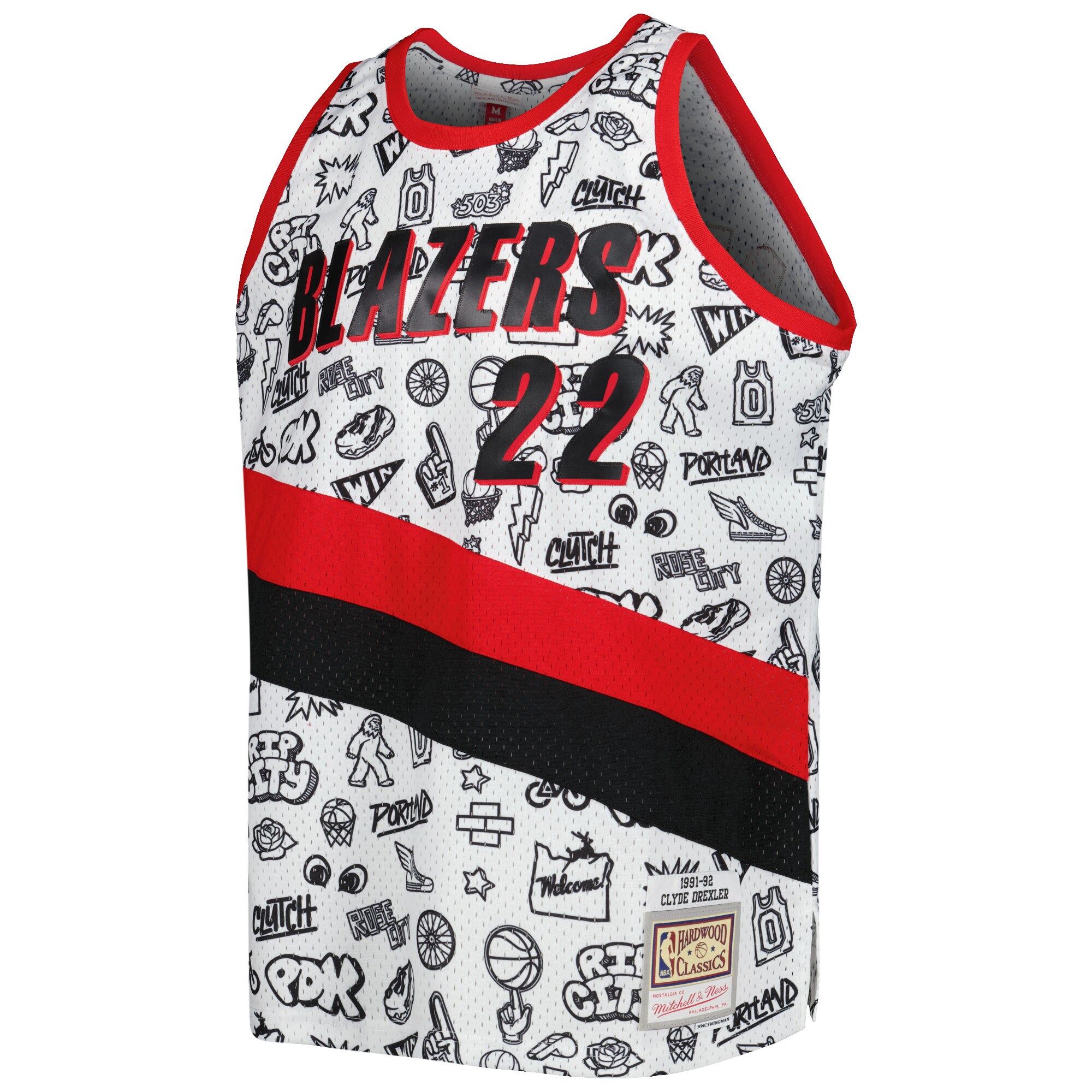Alternative view of Clyde Drexler Portland Trail Blazers Mitchell & Ness 1991/92 Hardwood Classics Doodle Swingman Player Jersey - White