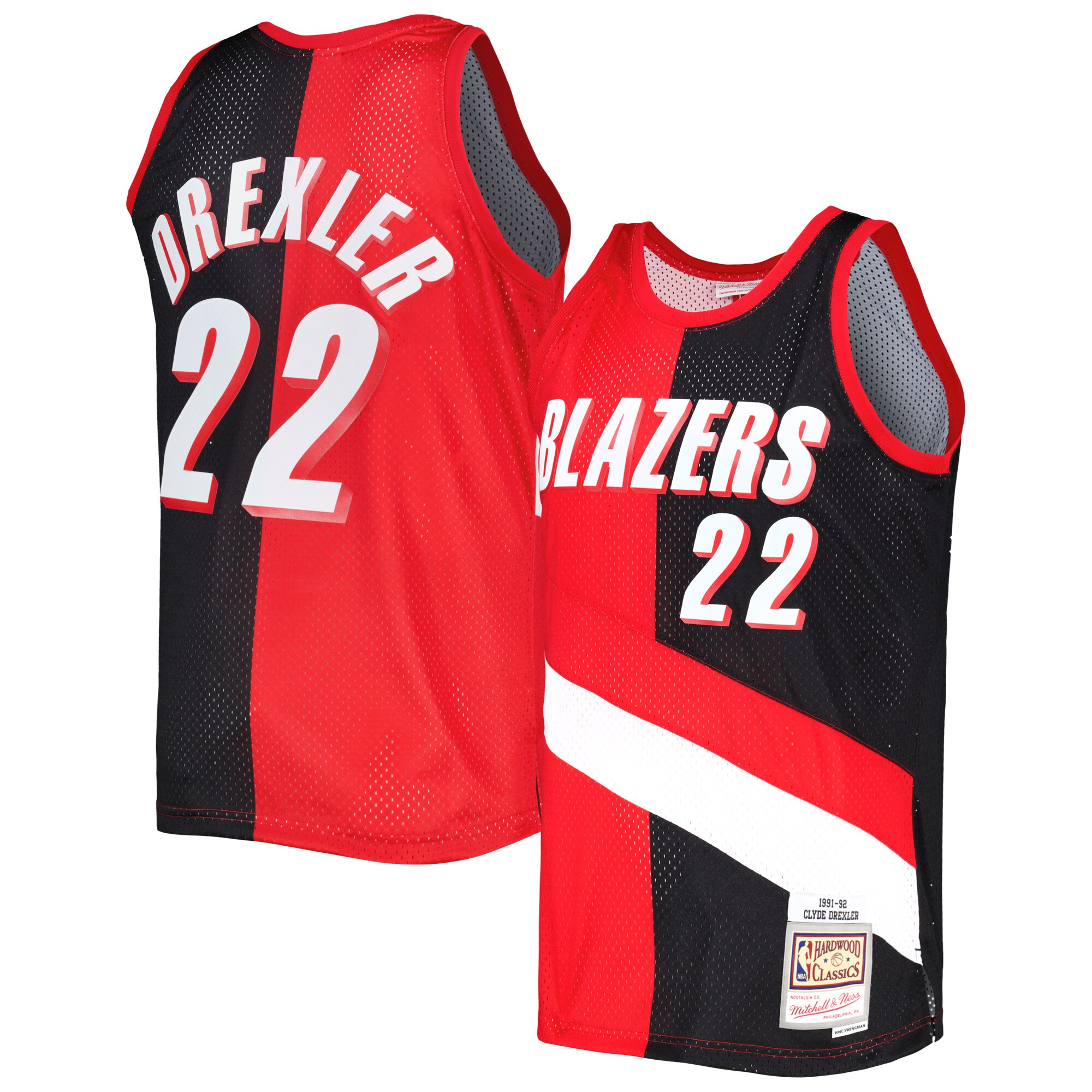 Alternative view of Clyde Drexler Portland Trail Blazers Mitchell & Ness Hardwood Classics 1991/92 Split Swingman Jersey - Red/black
