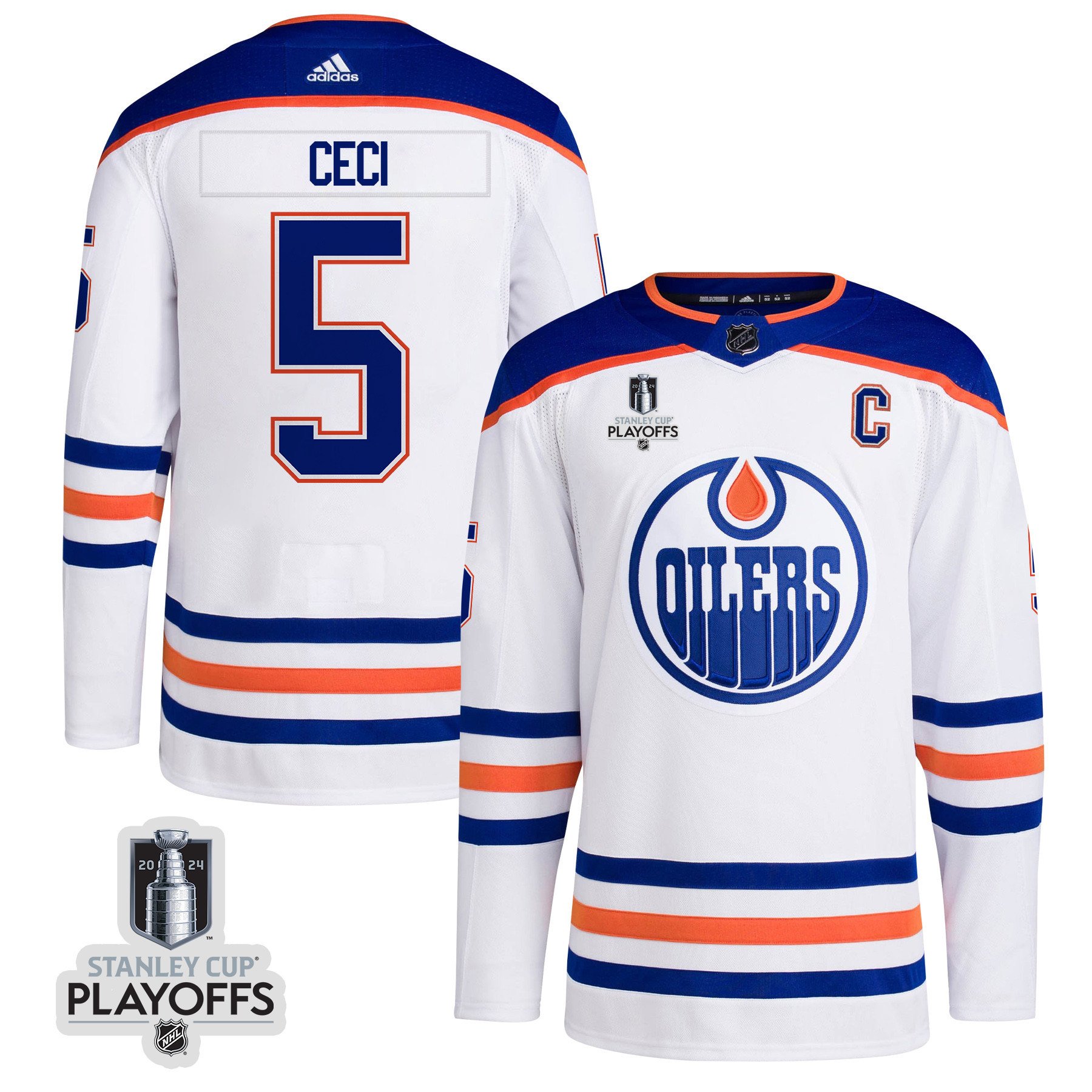 Cody Ceci 5 Edmonton Oilers 2024 NHL Playoffs Patch Away Jersey - Men, White - JS900 