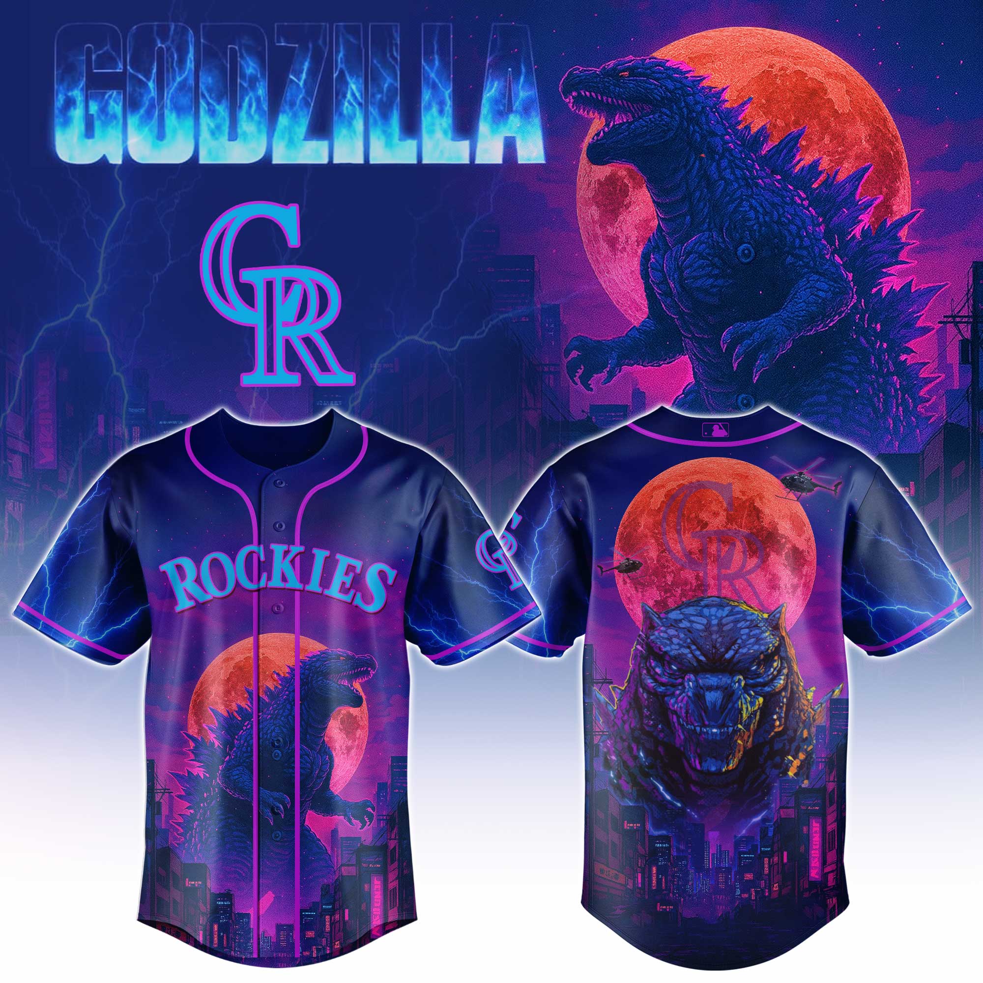 Colorado Rockies Mlb X Godzilla Neon City Baseball Jersey