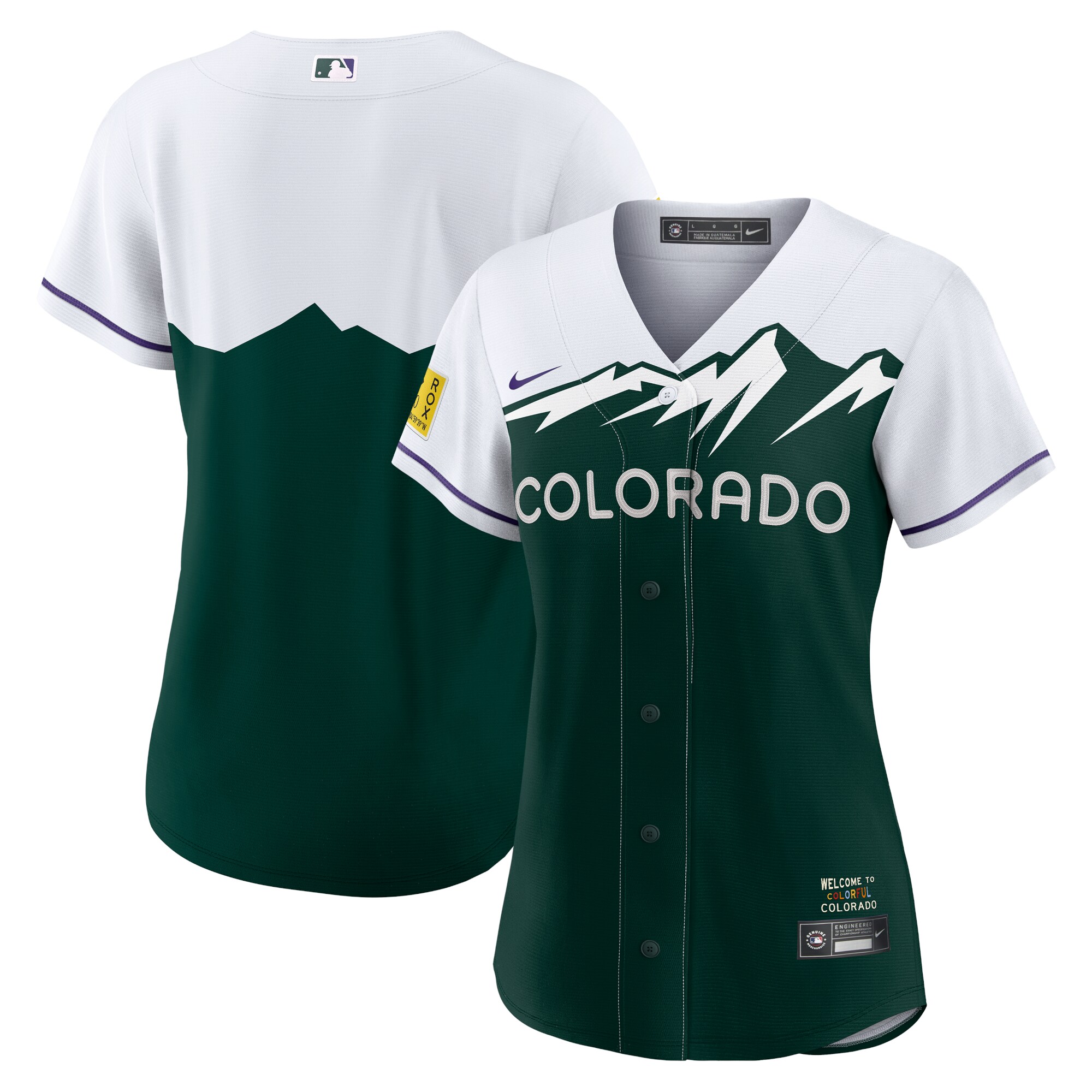 Alternative view of Colorado Rockies Women’s City Connect Replica Team Jersey – White/forest Green