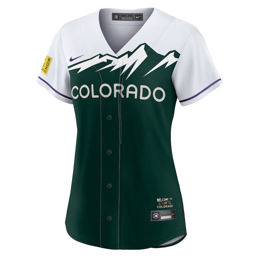 Alternative view of Colorado Rockies Women's City Connect Team Jersey - White/Forest Green