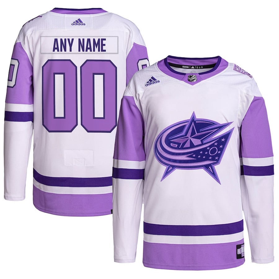 Columbus Blue Jackets Hockey Fights Cancer Primegreen Custom Men Jersey - White/Purple - JS927 