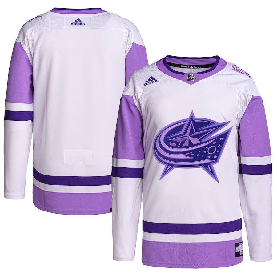 Columbus Blue Jackets Hockey Fights Cancer Primegreen Men Jersey - White/Purple - JS793 
