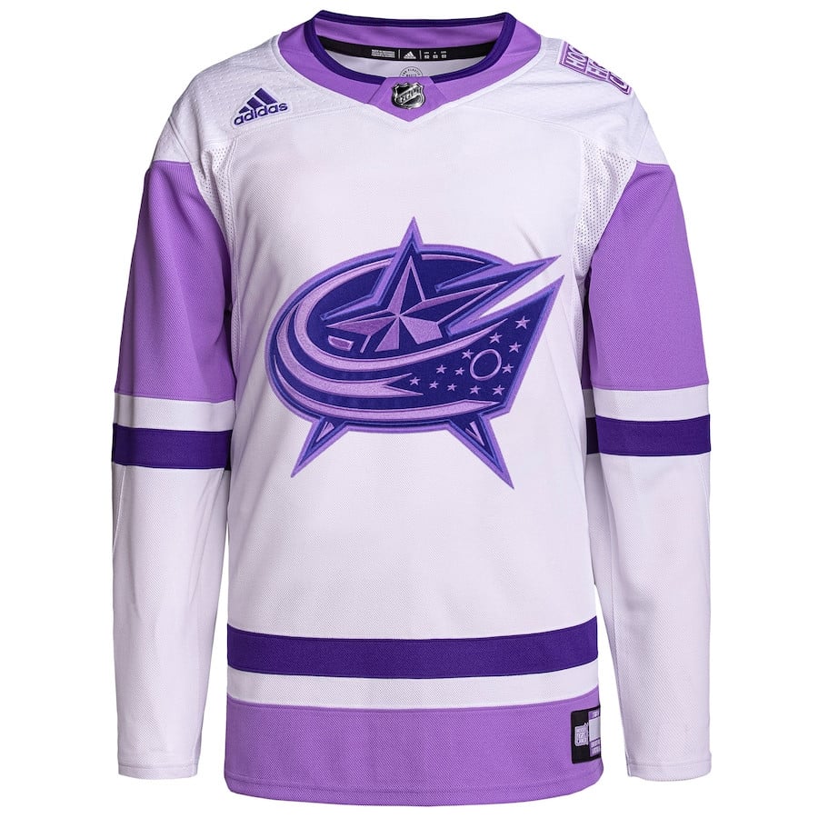 Alternative view of Columbus Blue Jackets Hockey Fights Cancer Primegreen Men Jersey - White/Purple - JS793 